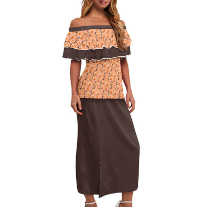 Floral Embosses (03-02): Apricot Bloom Essential | Two Tone Off Shoulder Ruffle Maxi Dress