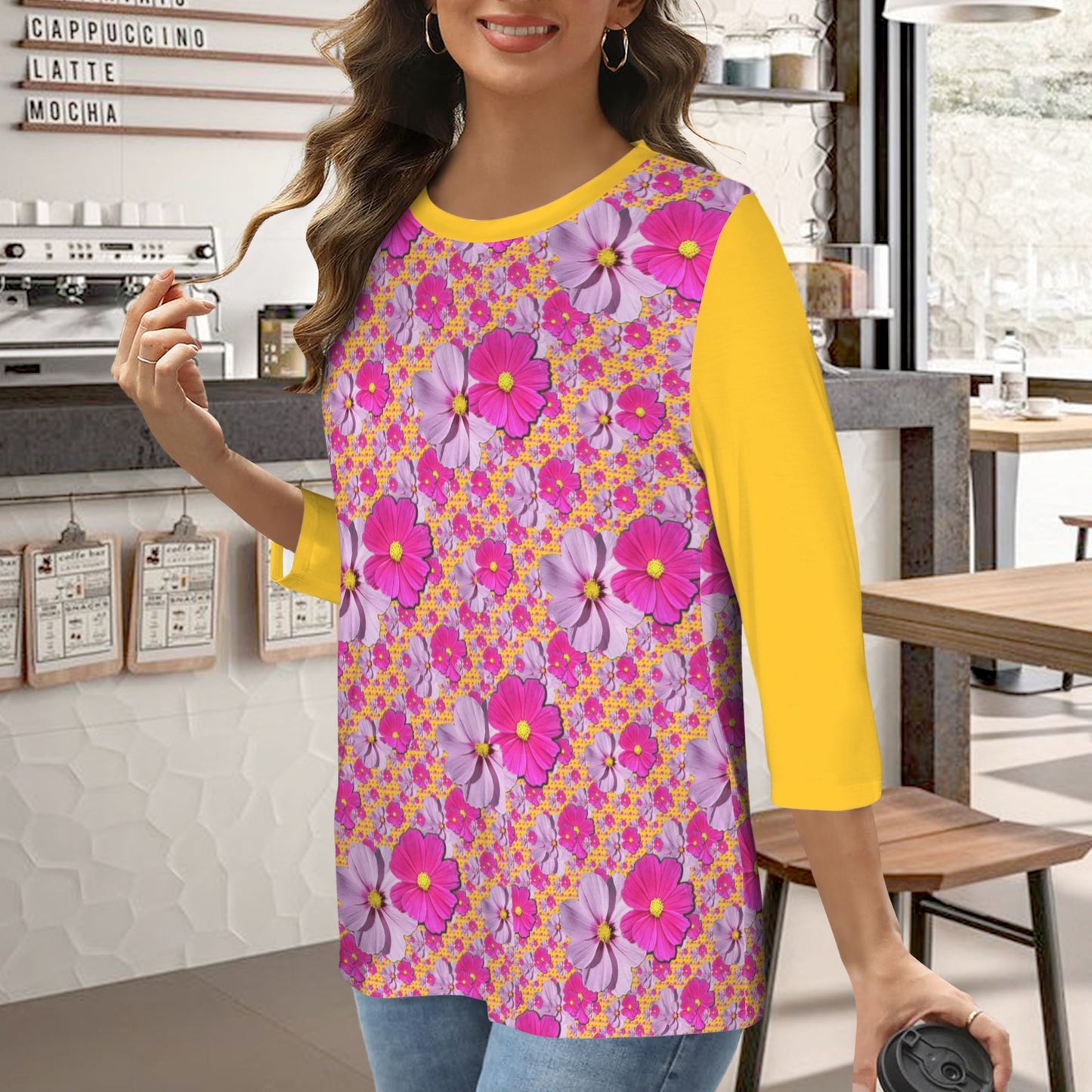 TRP Floral Prints (05): Classic Garden Cosmos (01) | Round-Neck Three-Quarter-Sleeve T-Shirt