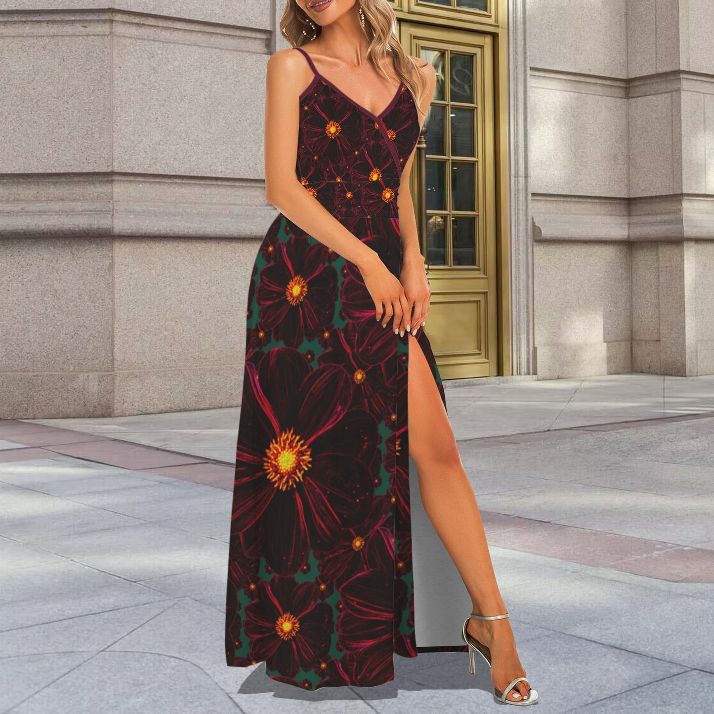 TRP Floral Prints (02): Midnight Bishop of Auckland Dahlia (01–02) | Spaghetti-Strap V-Neck Split Maxi Dress