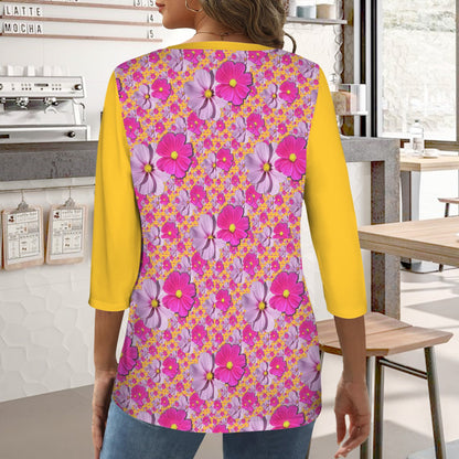 TRP Floral Prints (05): Classic Garden Cosmos (01) | Round-Neck Three-Quarter-Sleeve T-Shirt