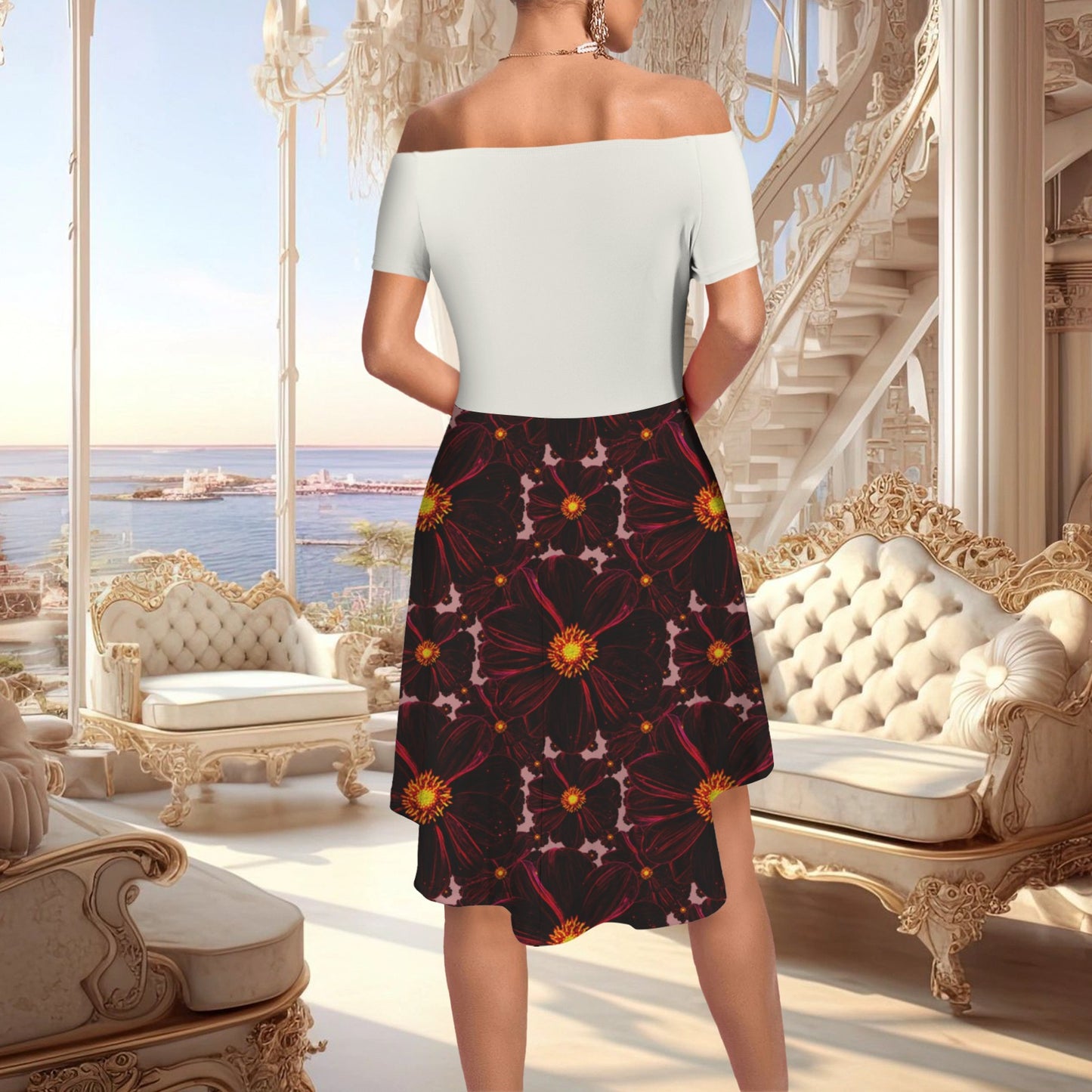 TRP Floral Prints (02): Midnight Bishop of Auckland Dahlia (01–03) | Off-Shoulder A-Line High-Low Hem Skater Dress
