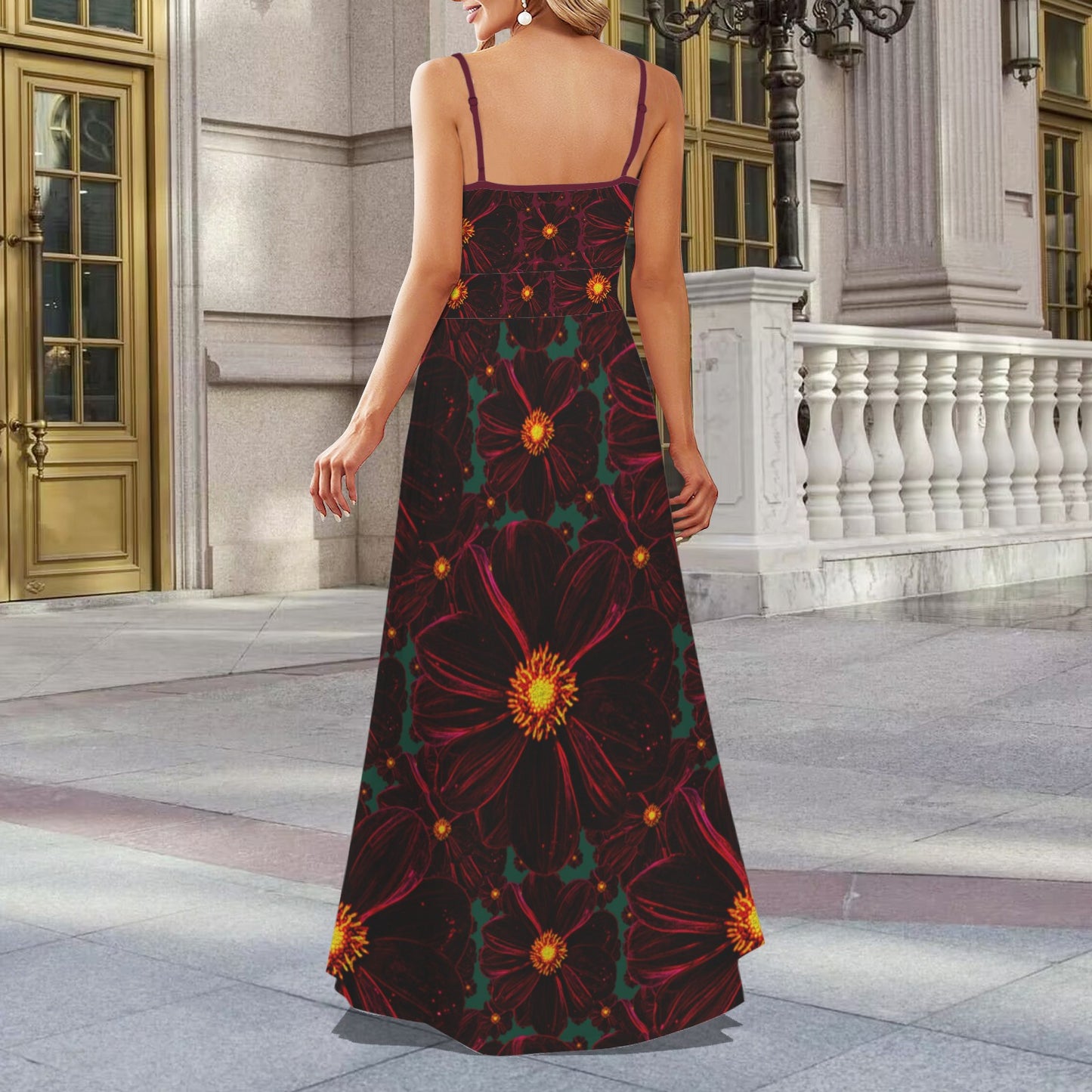 TRP Floral Prints (02): Midnight Bishop of Auckland Dahlia (01–02) | Spaghetti-Strap V-Neck Split Maxi Dress