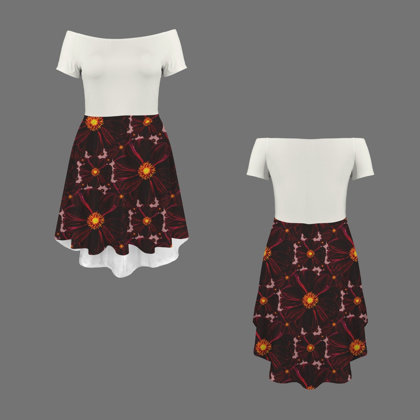 TRP Floral Prints (02): Midnight Bishop of Auckland Dahlia (01–03) | Off-Shoulder A-Line High-Low Hem Skater Dress