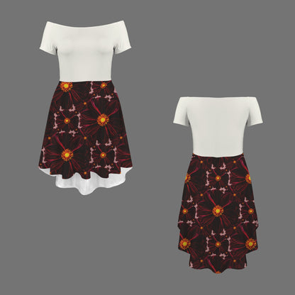 TRP Floral Prints (02): Midnight Bishop of Auckland Dahlia (01–03) | Off-Shoulder A-Line High-Low Hem Skater Dress