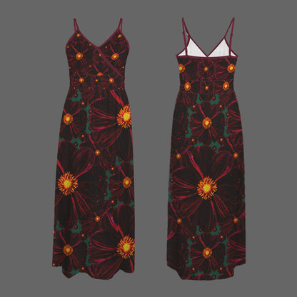 TRP Floral Prints (02): Midnight Bishop of Auckland Dahlia (01–02) | Spaghetti-Strap V-Neck Split Maxi Dress