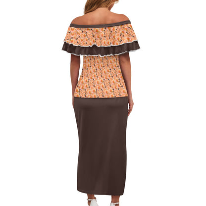 Floral Embosses (03-02): Apricot Bloom Essential | Two Tone Off Shoulder Ruffle Maxi Dress