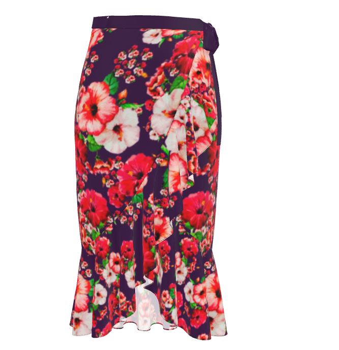 TRP Floral Prints (03): Hibiscus Flowers (01-01) "Argaman Vines" | Ruffle Wrap Midi Skirt