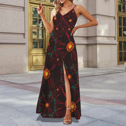 TRP Floral Prints (02): Midnight Bishop of Auckland Dahlia (01–02) | Spaghetti-Strap V-Neck Split Maxi Dress