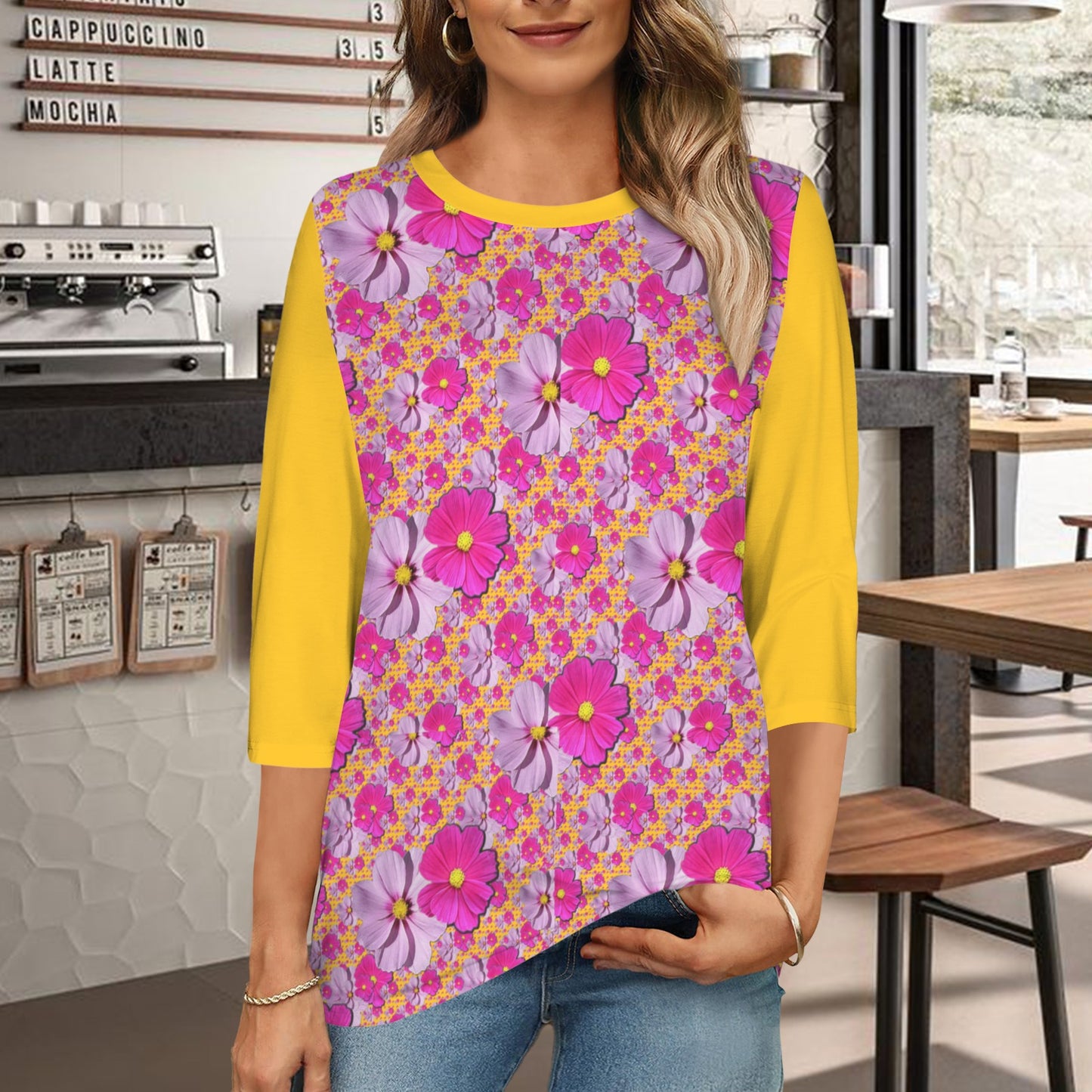 TRP Floral Prints (05): Classic Garden Cosmos (01) | Round-Neck Three-Quarter-Sleeve T-Shirt
