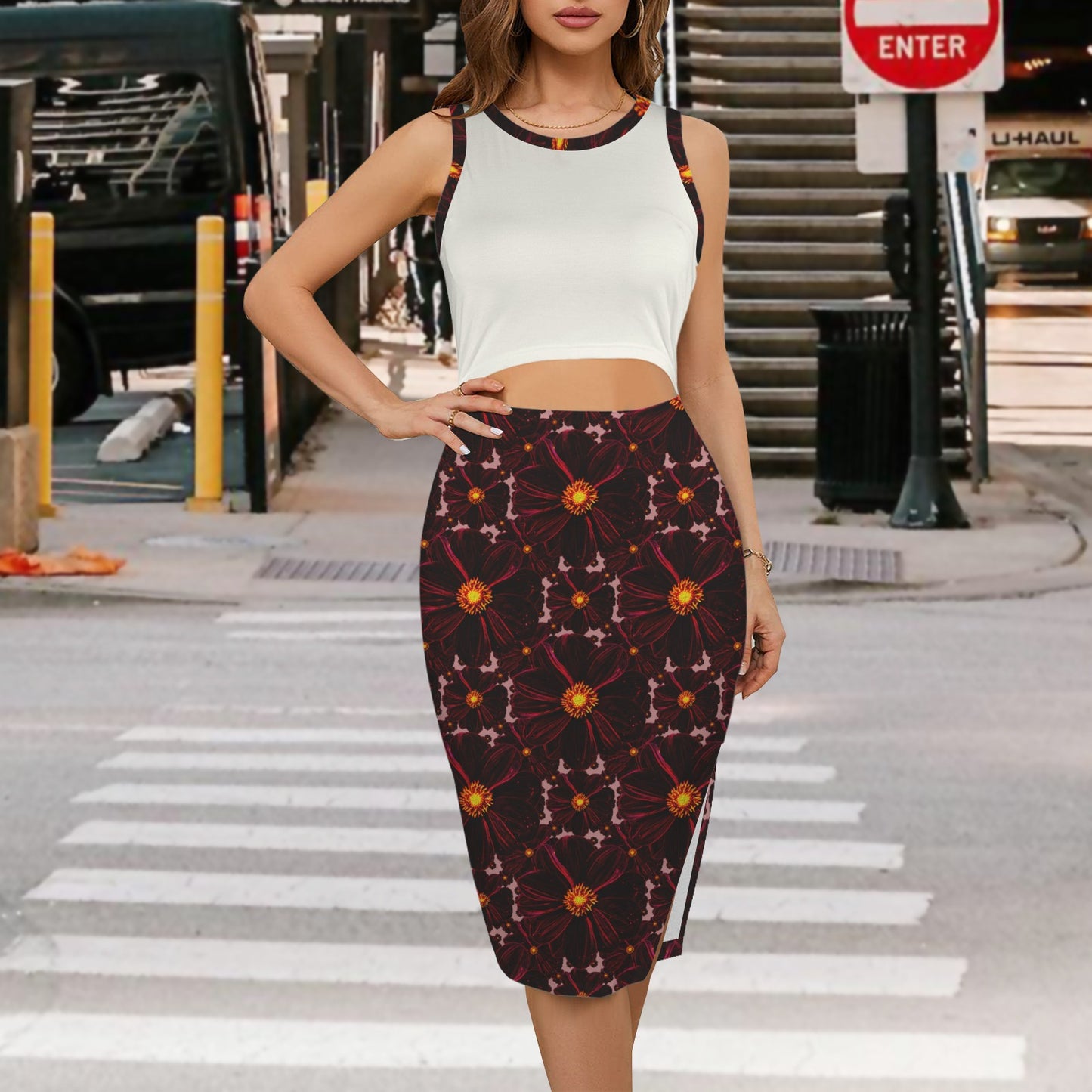 TRP Floral Prints (02): Midnight Bishop of Auckland Dahlia (01–03) | Two-Piece Illusion Side-Slit Bodycon Dress