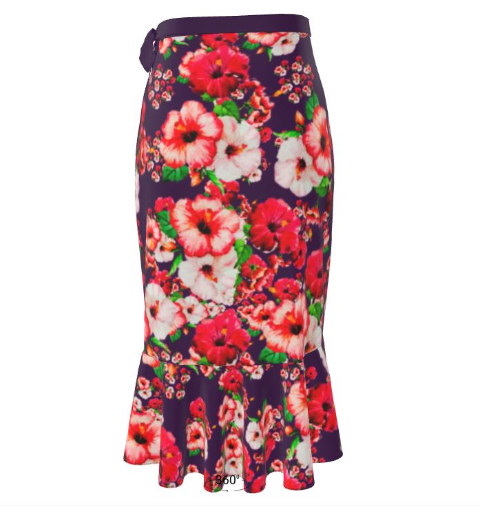 TRP Floral Prints (03): Hibiscus Flowers (01-01) "Argaman Vines" | Ruffle Wrap Midi Skirt