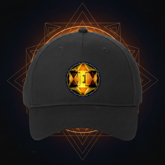 Black unstructured dad hat by TimeReproofPortraits featuring a glowing gold and black Hebrew World graphic on the crown. 
