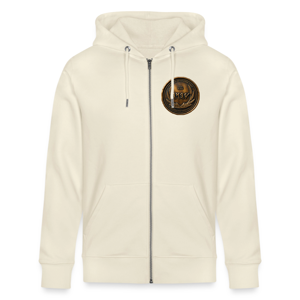 Front view of an off-white organic zip hoodie featuring a circular antiqued bronze Paleo-Hebrew medallion emblem on the left chest.