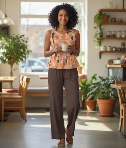 Floral Embosses (03-02): Apricot Bloom Essential | Peplum Tank & Wide Leg Pants Set