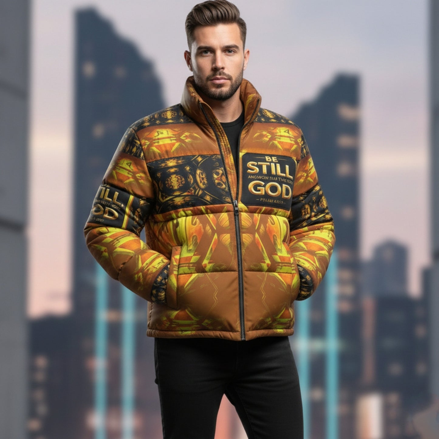 Hebrew World 01-03 Sacred Stillness Psalm 46:10 Men's Stand Collar Puffer Jacket