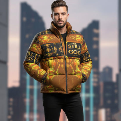 Hebrew World 01-03 Sacred Stillness Psalm 46:10 Men's Stand Collar Puffer Jacket