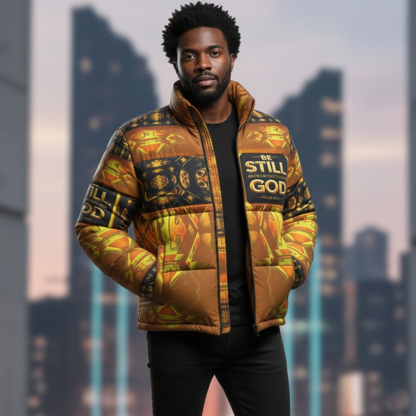 Hebrew World 01-03 Sacred Stillness Psalm 46:10 Men's Stand Collar Puffer Jacket
