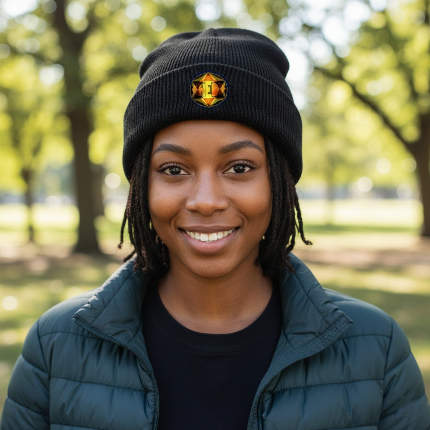 A smiling woman with dreadlocks wearing a black beanie with a colorful logo and a green puffer jacket, outdoors with a blurred park background.