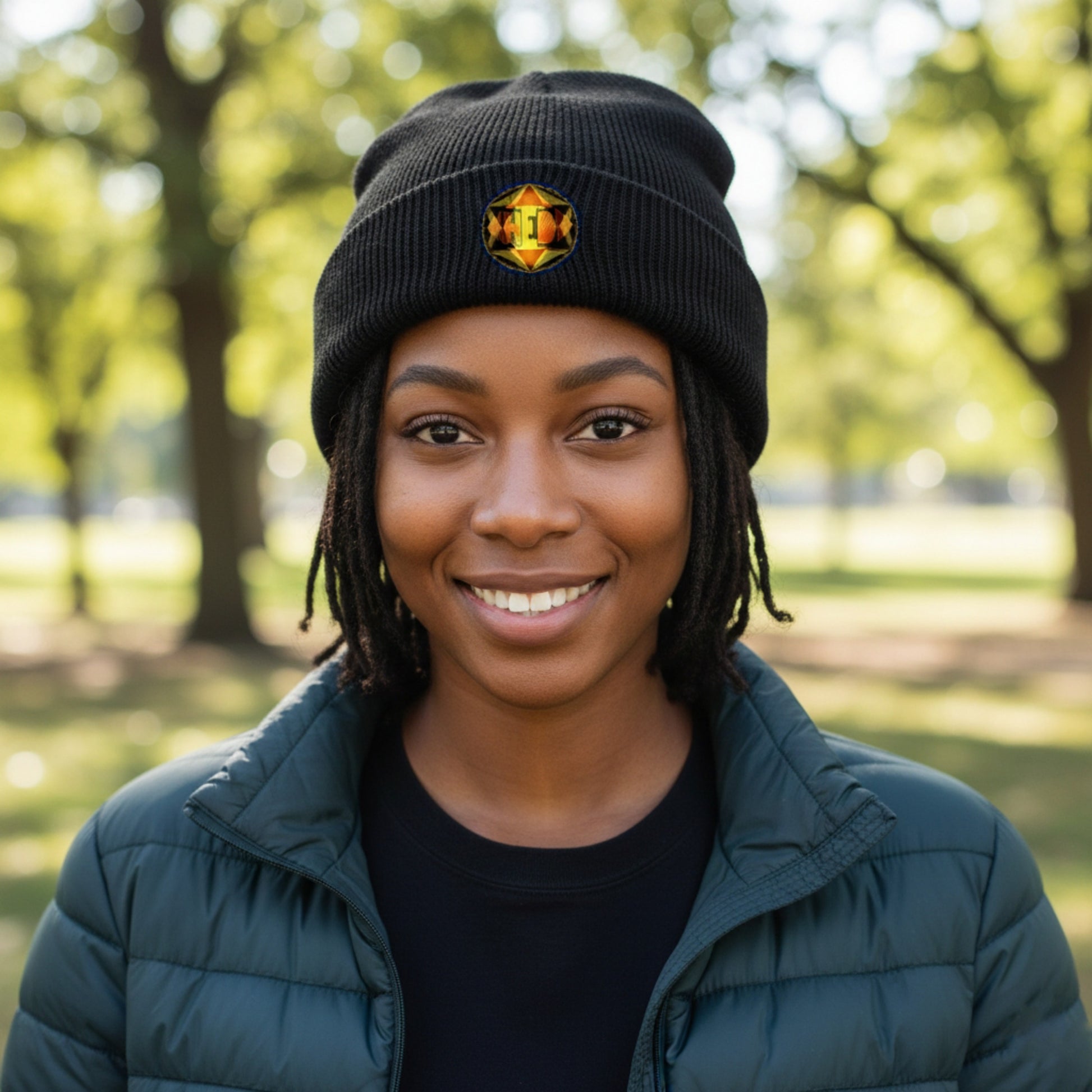 A smiling woman with dreadlocks wearing a black beanie with a colorful logo and a green puffer jacket, outdoors with a blurred park background.