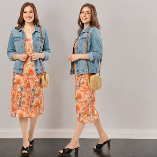 Floral Embosses (03-01): Apricot Bloom Essential | Midi Slip Dress