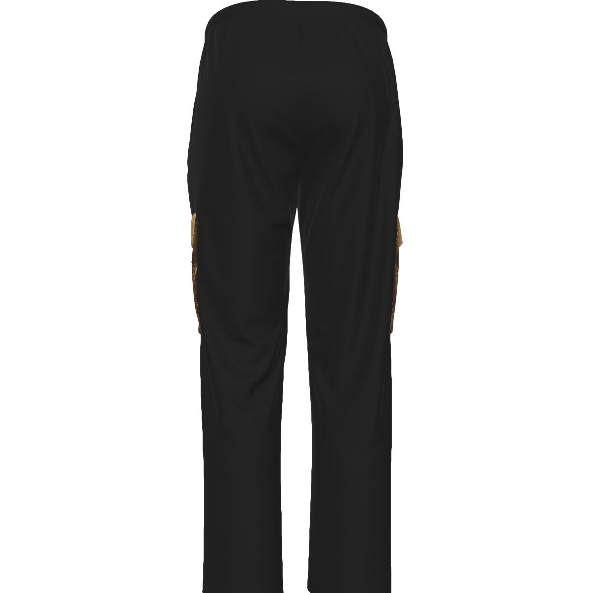 Rear view of Men's Cargo Sweatpants. Minimalist design from behind, focusing on clean lines, elastic waistband, and smooth black fabric.