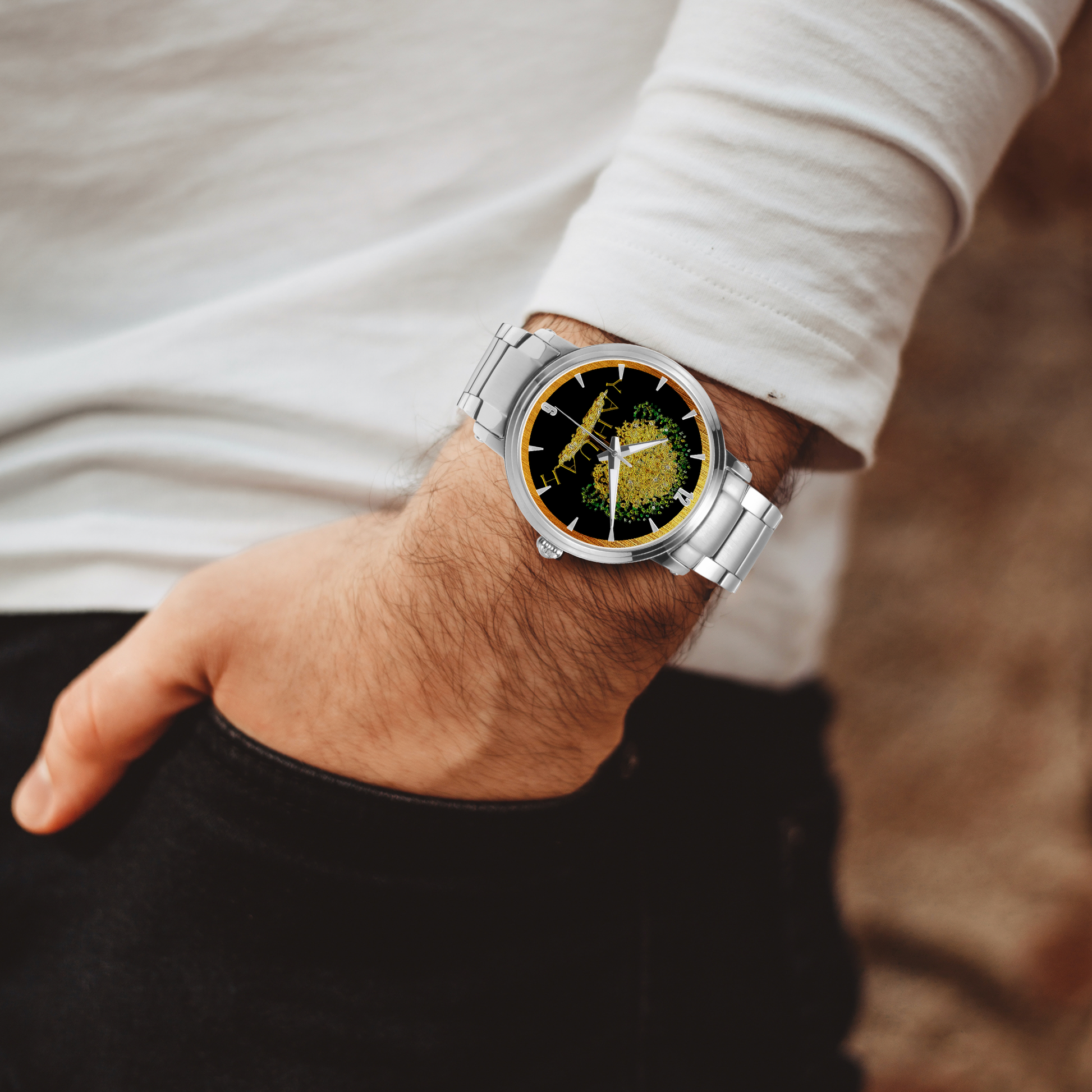 Yahuah: Tree of Life (03) automatic watch on a model's wrist, showing the silver stainless steel version.