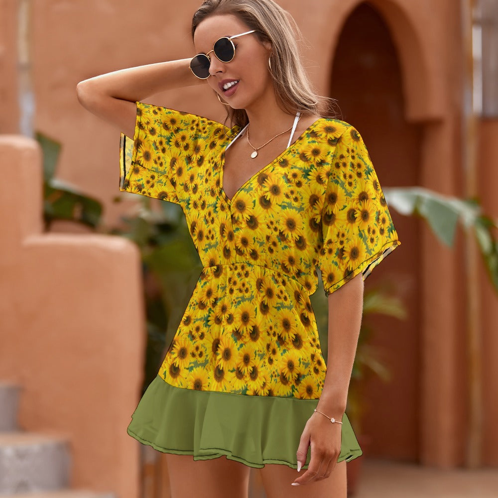 TRP Floral Prints (04): Sunflowers in Symmetry |  Smocked Ruffle-Hem Dress | 3 Colors