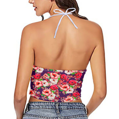 TRP Floral Prints (03): Hibiscus Flowers (01-01) "Argaman Vines" | Backless Halter Crop Top