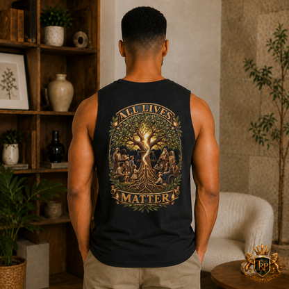 Back view of the black Barnard Tank showcasing the full One Breath, One Humanity Tree of Life graphic with banner text.