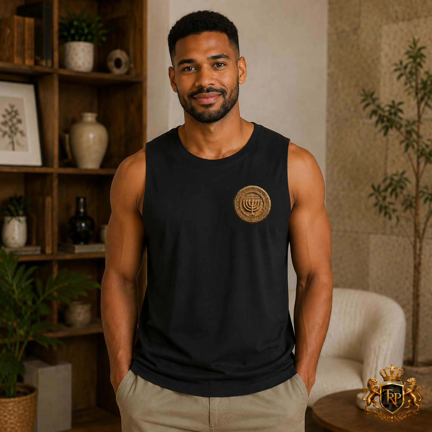 Front view of a man wearing the black Unisex Barnard Tank featuring the bronze Sevenfold Light menorah emblem on the chest.