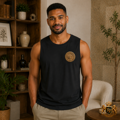 Front view of a man wearing the black Unisex Barnard Tank featuring the bronze Sevenfold Light menorah emblem on the chest.