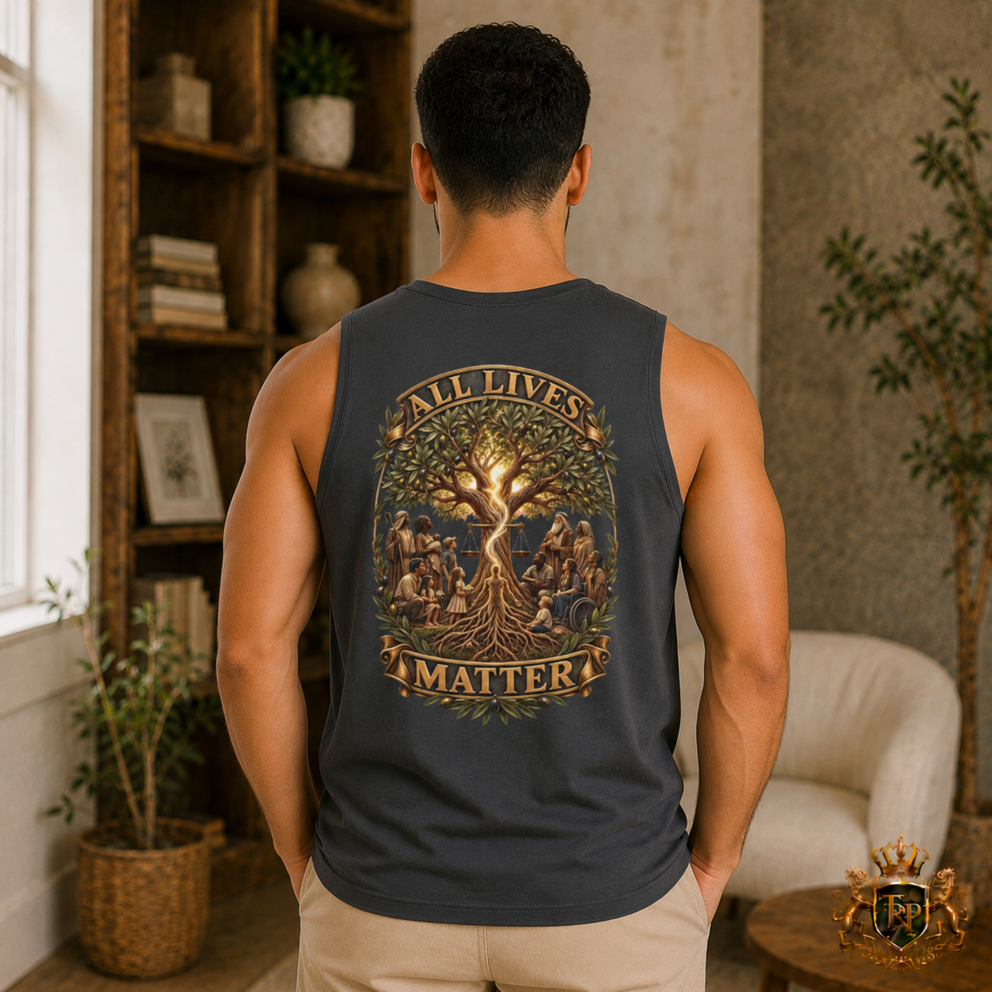 Back view of the charcoal gray Barnard Tank highlighting the All Lives Matter Tree of Life artwork.