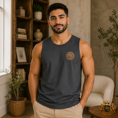 Front view of a man wearing the charcoal gray unisex Barnard Tank with the bronze menorah crest printed on the chest.