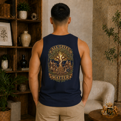 Back of the navy Barnard Tank displaying the intricate Tree of Life and All Lives Matter design.
