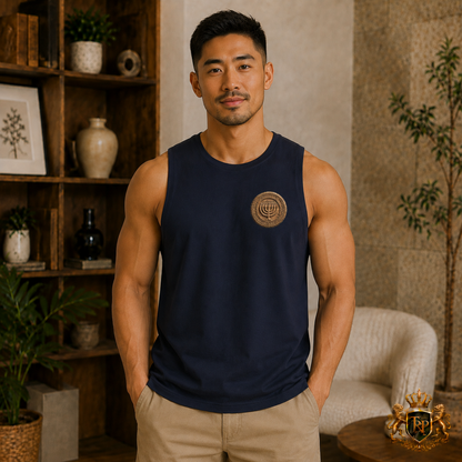 Front view of a man modeling the navy blue unisex Barnard Tank with the bronze Sevenfold Light chest emblem.