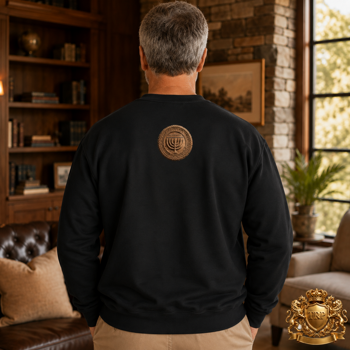 Back view of a unisex black sweatshirt with the circular Sevenfold Light Menorah medallion print near the collar.
