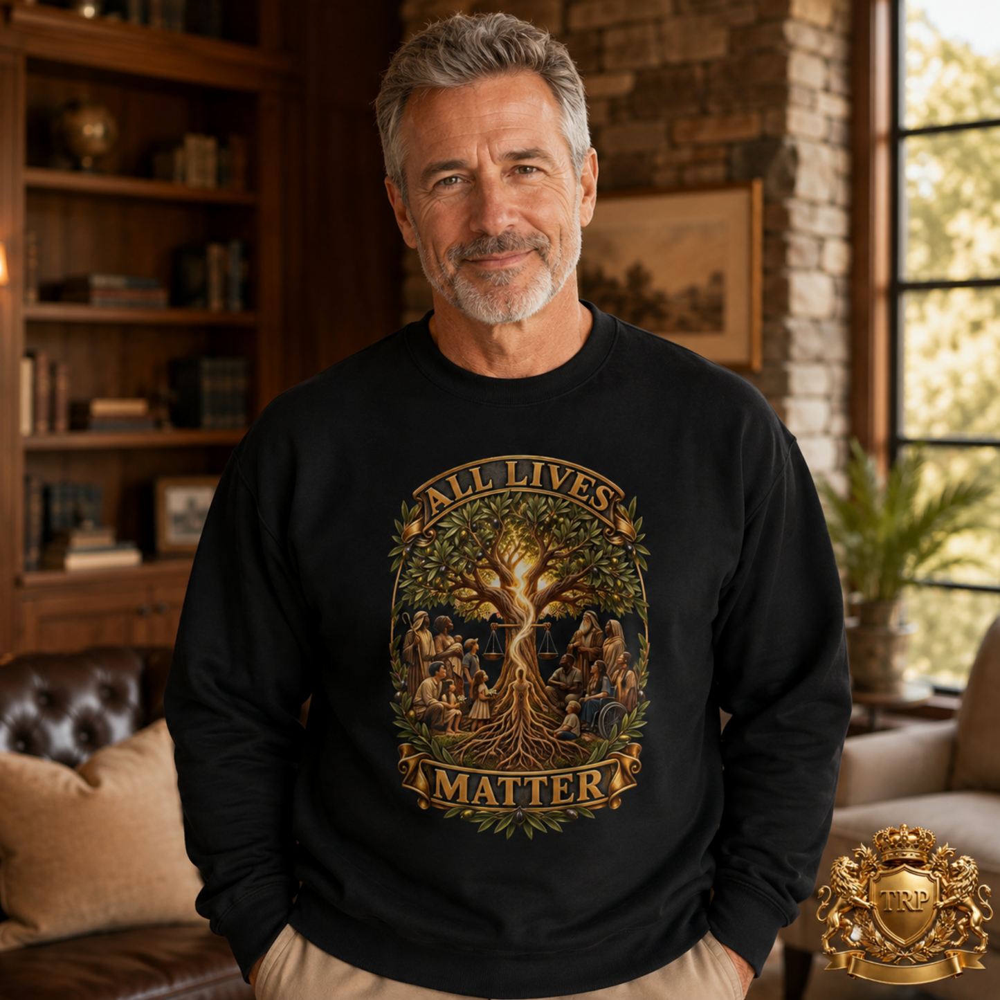 Front view of a unisex black cotton-blend sweatshirt styled with the All Lives Matter tree of life and unity emblem design.