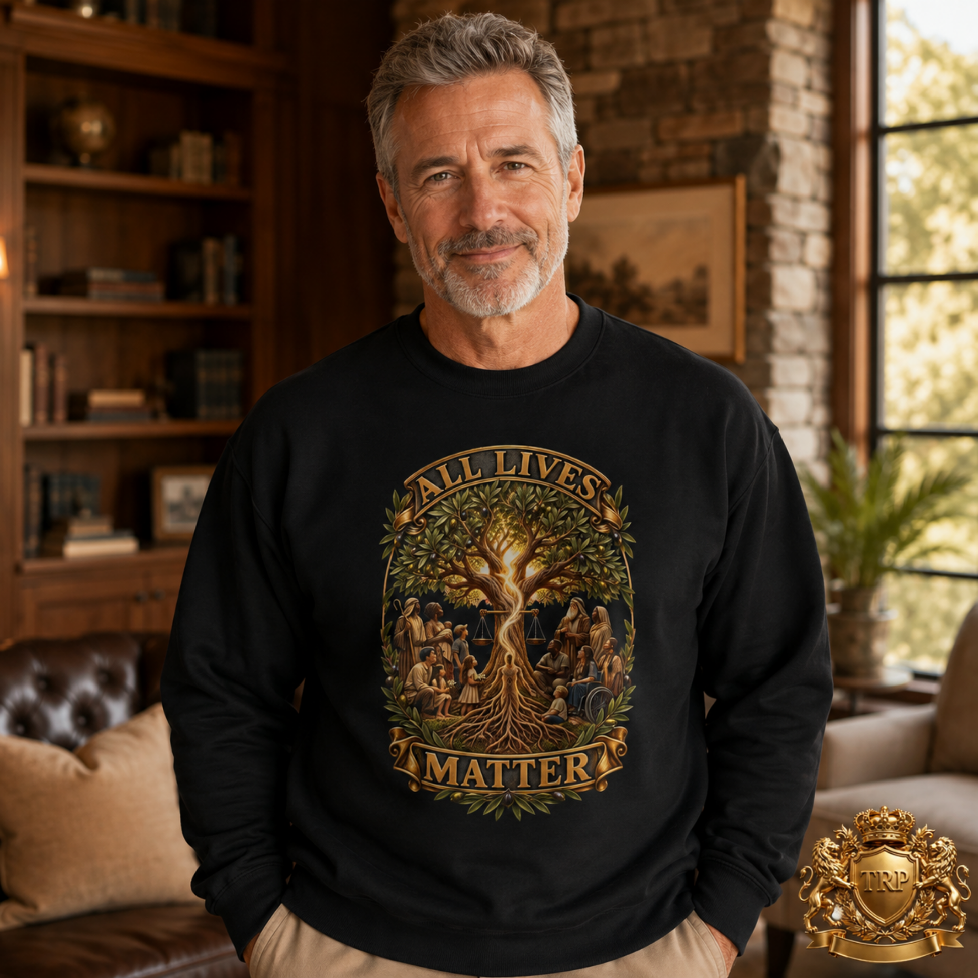 Front view of a unisex black cotton-blend sweatshirt styled with the All Lives Matter tree of life and unity emblem design.