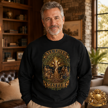 Front view of a unisex black cotton-blend sweatshirt styled with the All Lives Matter tree of life and unity emblem design.