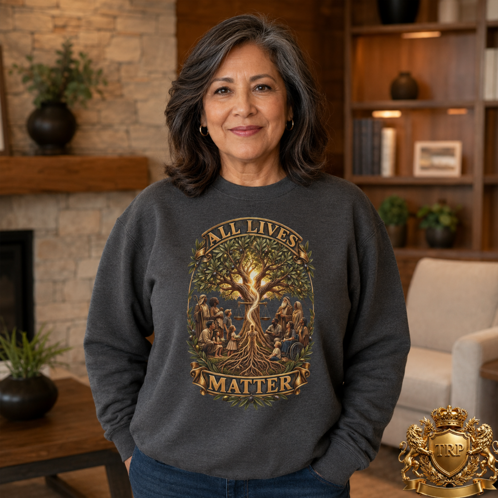 Front view of a unisex dark charcoal sweatshirt featuring the All Lives Matter Tree of Life artwork and One Humanity banner.