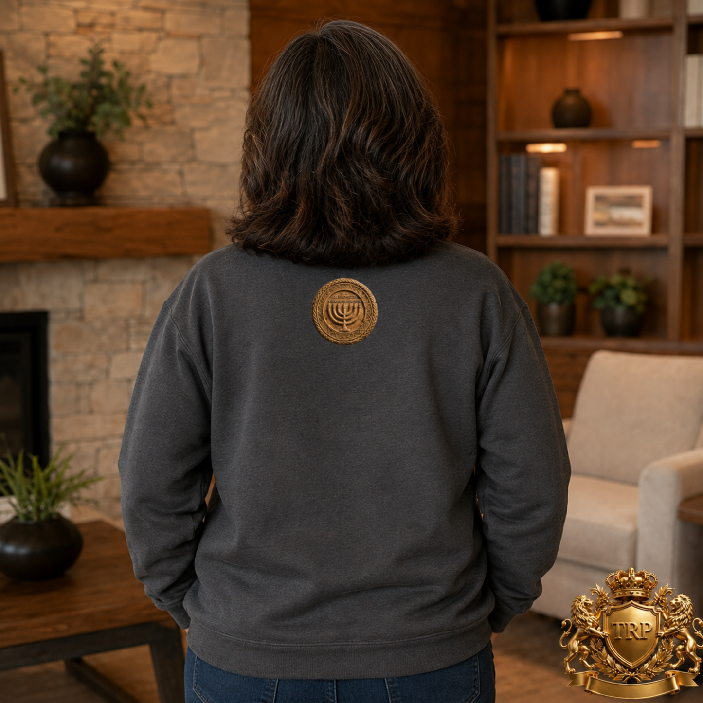 Back view of a unisex charcoal sweatshirt displaying the circular Sevenfold Light Menorah medallion graphic below the neckline.
