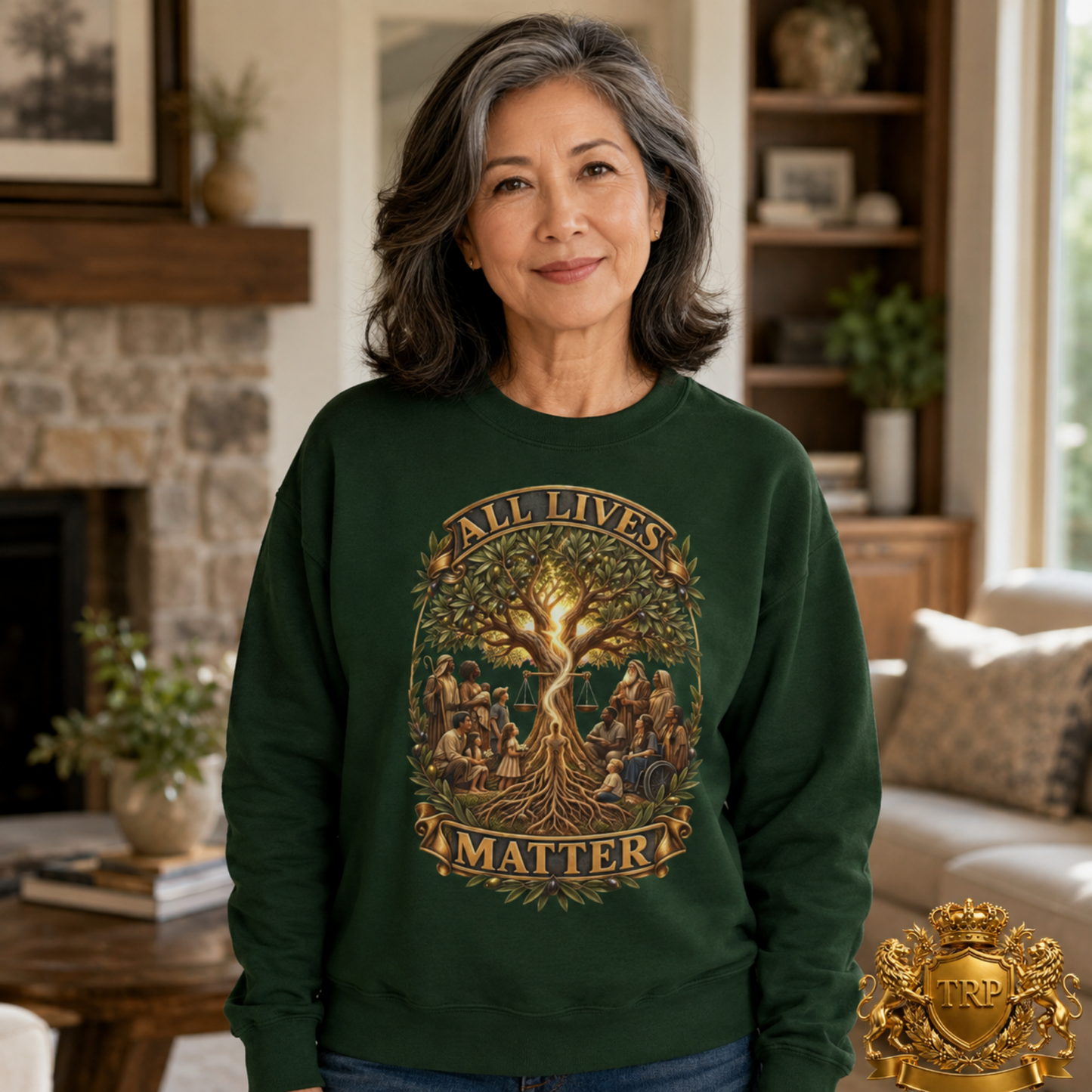 Front view of a unisex dark forest green sweatshirt displaying the All Lives Matter olive branch and tree of life artwork.