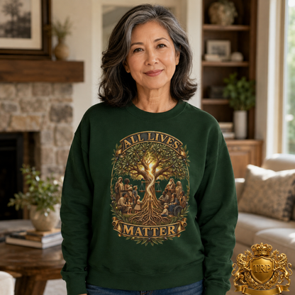 Front view of a unisex dark forest green sweatshirt displaying the All Lives Matter olive branch and tree of life artwork.