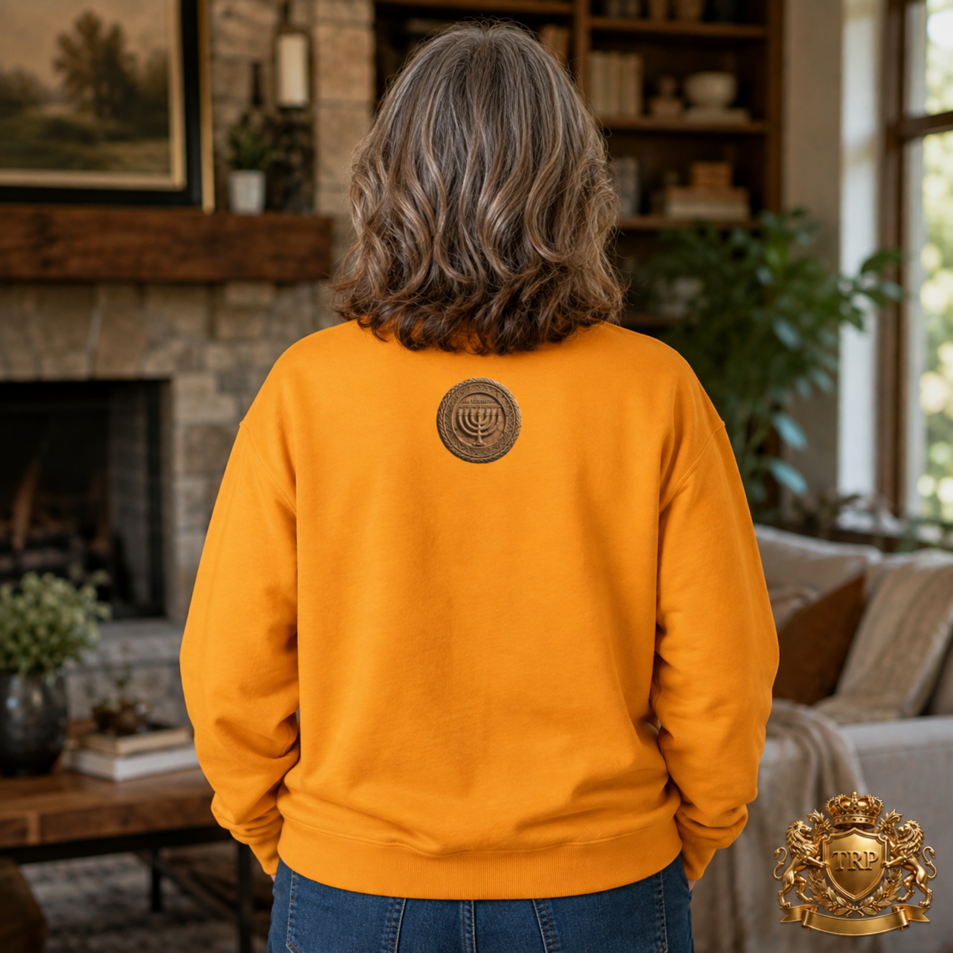 Back view of a unisex gold yellow sweatshirt displaying the Sevenfold Light Menorah medallion graphic centered on the upper spine.