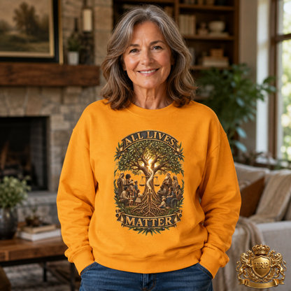 Front view of a unisex gold yellow sweatshirt showcasing the All Lives Matter Tree of Life and One Humanity graphic art.