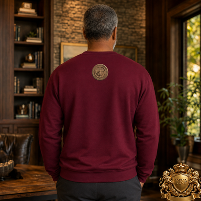 Back view of a unisex maroon sweatshirt featuring the circular Sevenfold Light Menorah emblem printed on the upper back.