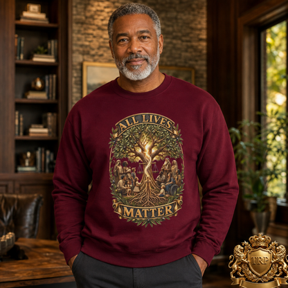 Front view of a unisex maroon sweatshirt featuring the All Lives Matter tree of life artwork with scales of justice and community figures.