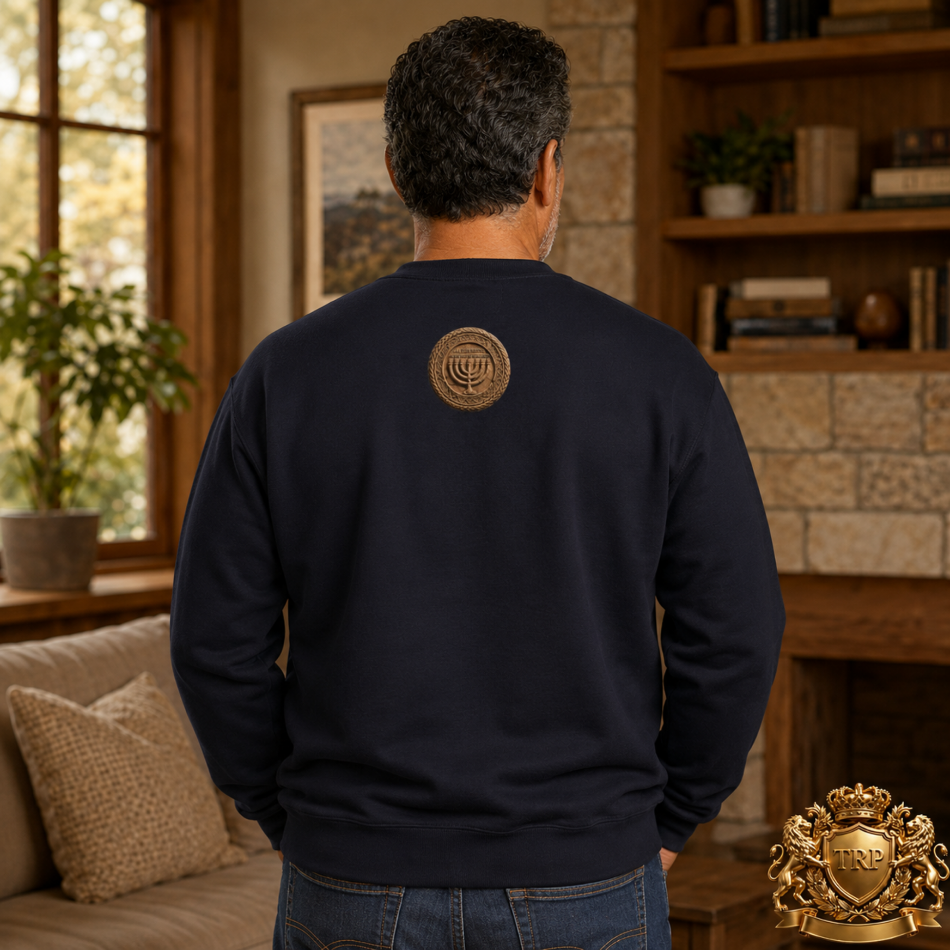 Back view of a unisex navy blue sweatshirt highlighting the circular Sevenfold Light Menorah print below the rear neckline.