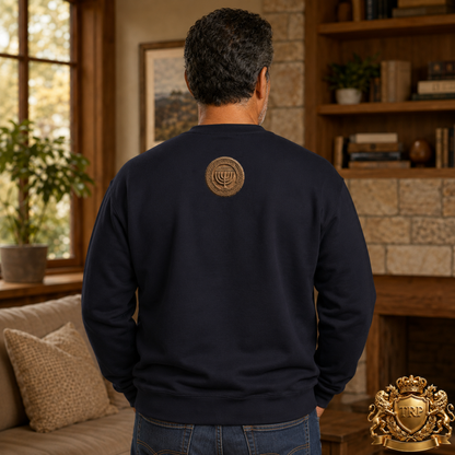 Back view of a unisex navy blue sweatshirt highlighting the circular Sevenfold Light Menorah print below the rear neckline.