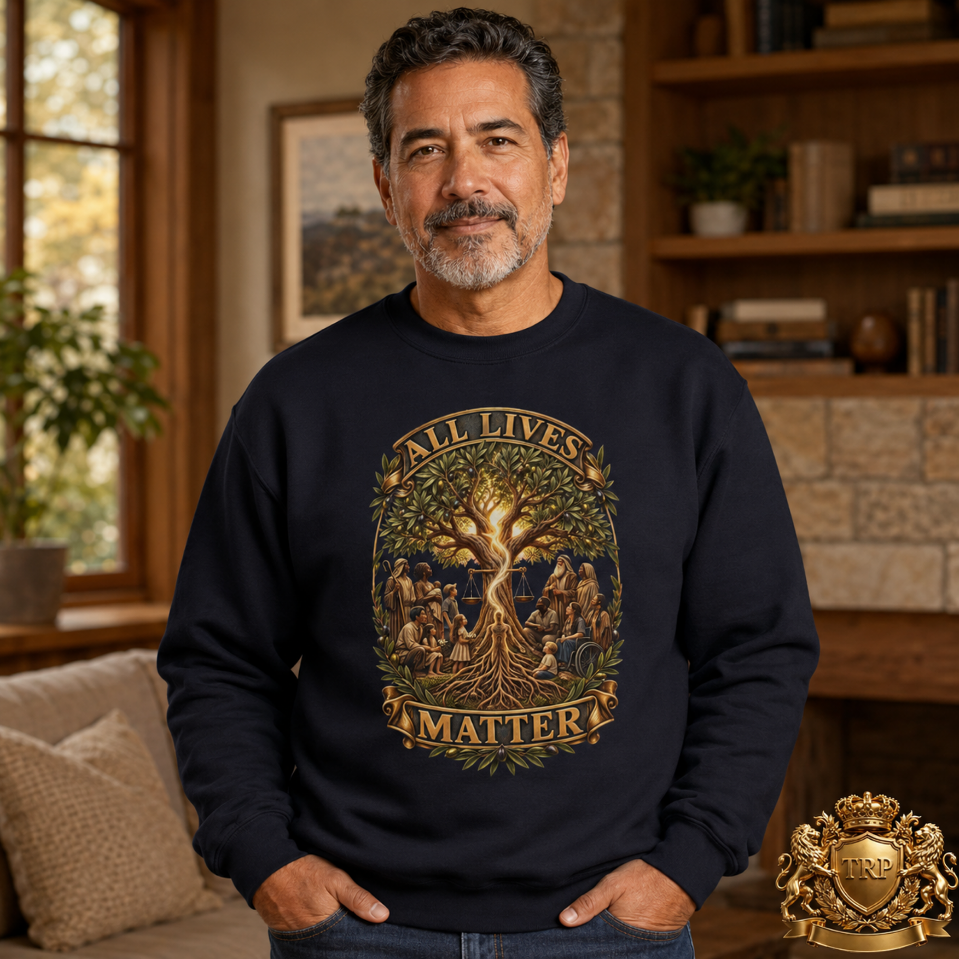 Front view of a unisex navy blue sweatshirt showcasing the All Lives Matter tree of life, balance scales, and unity banner.